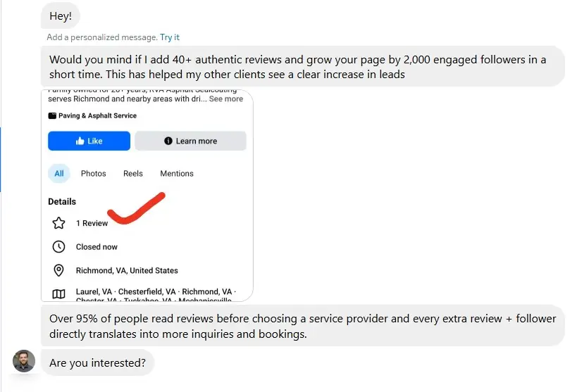 Screen capture of someone selling reviews